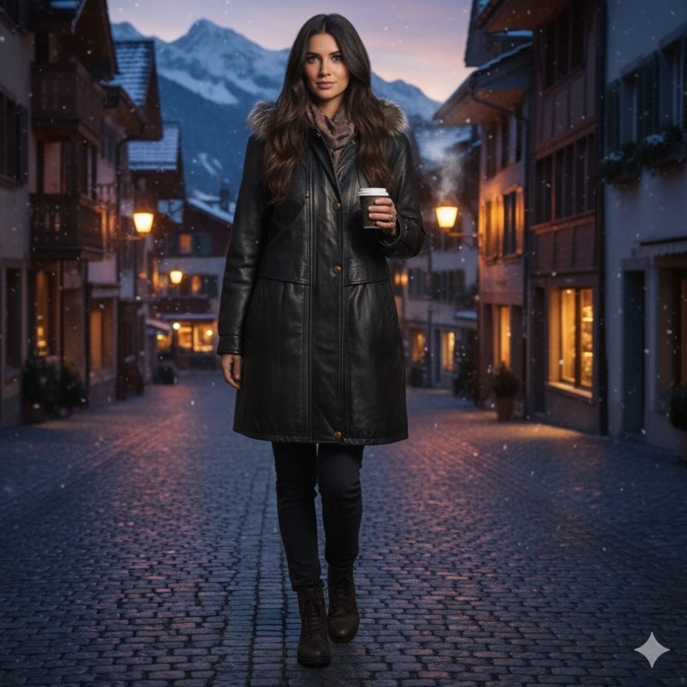 Cruze genuine leather coat with real fur trim hood women’s small‎ quilted lining
